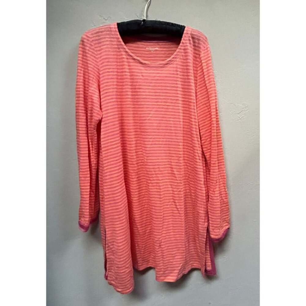 Eileen Fisher Women Medium Orange Pink Striped Linen Tunic Top Scoop Neck Casual